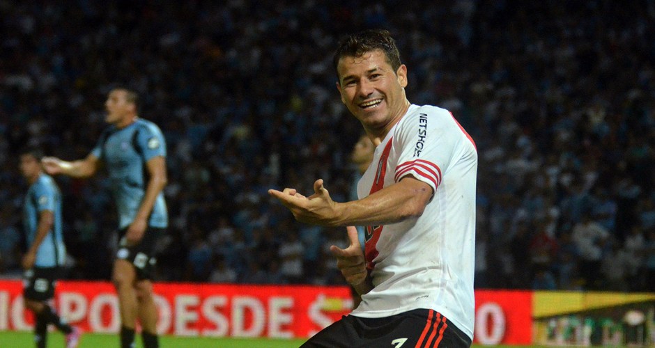 Telam Còrdoba 01/03/2015 Rodrigo Mora festeja el segundo gol de River Plate en el triunfo ante Belgrano en el Mario Kempes de Córdoba. River vence 2-1 por la tercera fecha del torneo de primera división. 01/03/2015 foto Laura Lescano